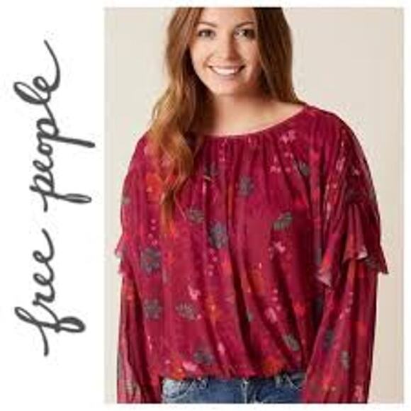 Free People Wild Honey Red Berry balloon sleeve flowy floral drop shoulder small - Picture 1 of 16